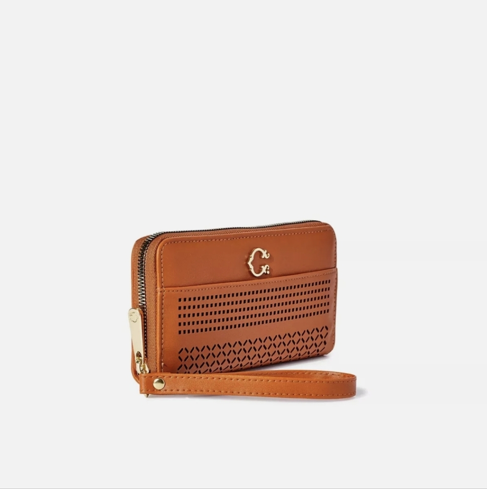 The Florence Faux Leather Wristlet Wallet Pouch in Cognac Orange C.Wonder NWT SO
